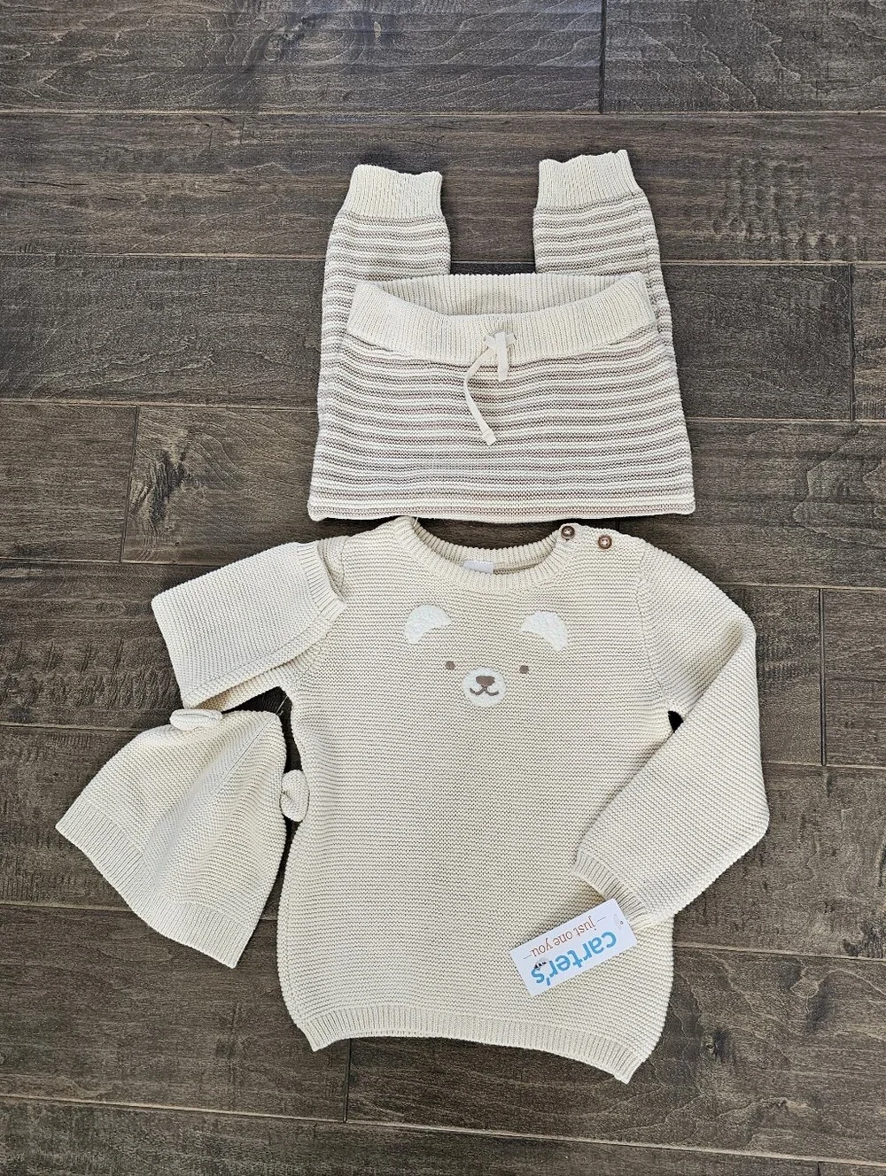 Brand New Carter's Cream Knit Bear Sweater, Striped Pant & Hat Set - Unisex 18mo